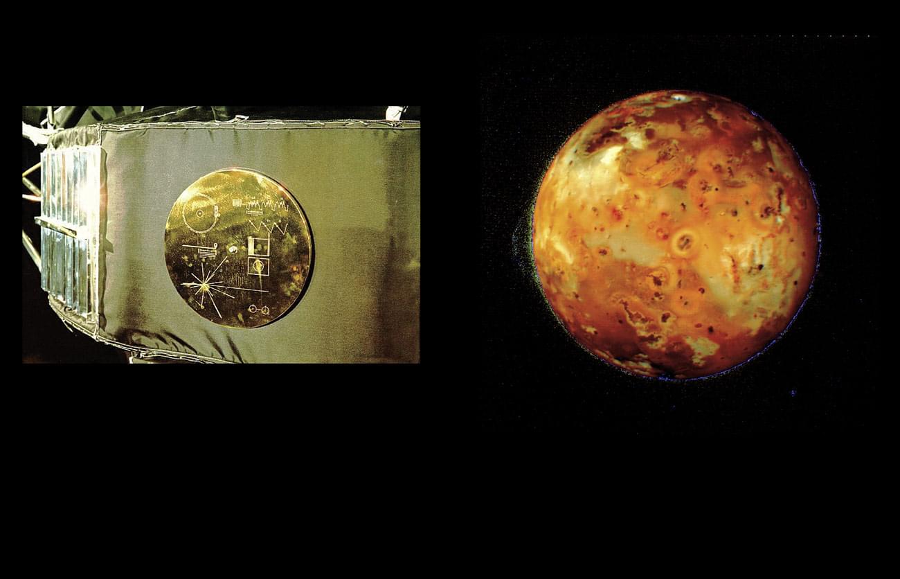 Voyager – The Grand Tour - The disc&rsquo;s protective cover mounted on the exterior of the probe (NASA/JPL). | An image of Io, a moon of Jupiter, taken by Voyager&nbsp;1 (NASA/JPL).